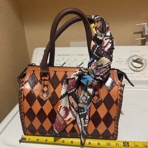 Brown Diamond-Pattern Leather Satchel with Scarf Accent